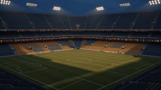 Empty floodlit stadium bowl at dusk with geometric shadow patterns, flag-coloured bunting, and pitch markings visible from elevated angle.