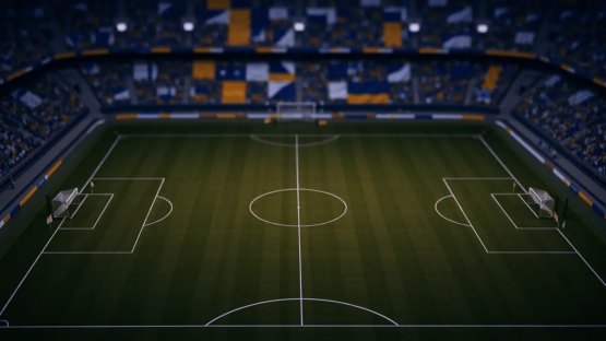 Aerial view of floodlit stadium pitch with geometric markings and flag-coloured stand sections at dusk, group-stage atmosphere.