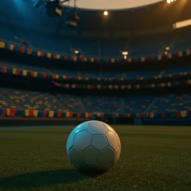 Stadium corner flag view with floodlit pitch and colour-draped stands at dusk; football on grass in focus.