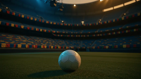 Stadium corner flag view with floodlit pitch and colour-draped stands at dusk; football on grass in focus.