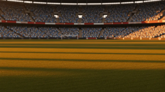 Floodlit stadium pitch with golden-hour lighting, packed stands in blue and red national colours, dramatic shadows.