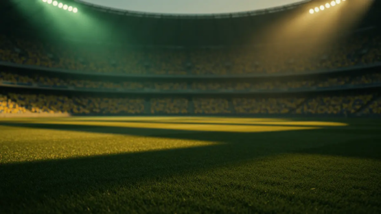 Floodlit stadium pitch at golden hour with yellow-blue and emerald crowd, dramatic shadows, cinematic sports photography.