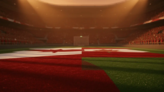 Empty floodlit stadium pitch at golden hour with dramatic red and green shadow patterns, packed stands in soft focus.