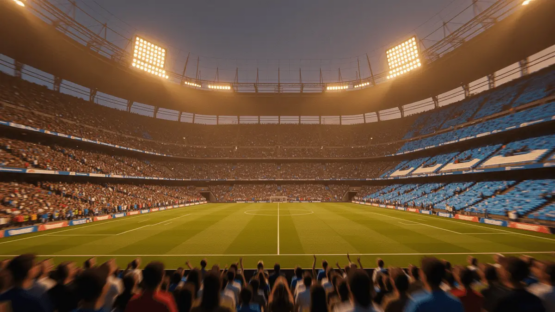 Floodlit stadium at dusk with packed stands glowing in England blue and Argentina sky blue, empty pitch with dramatic shadows.