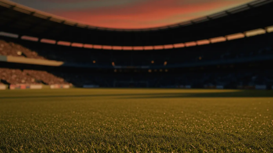 Floodlit stadium pitch at dusk with packed stands, France and Morocco flag colours in atmospheric lighting.
