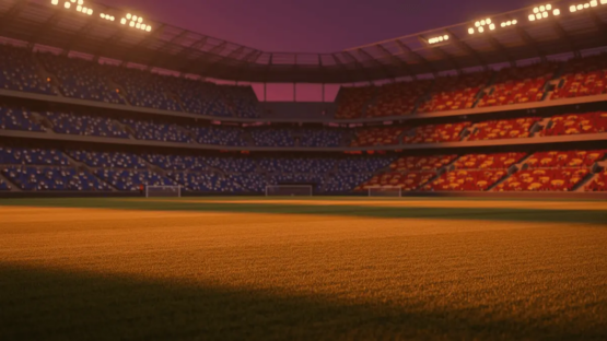 Floodlit stadium at dusk with packed stands showing French blue and Spanish red flag colours