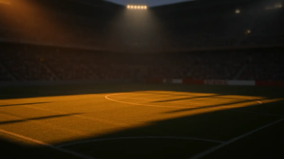 Floodlit football stadium at dusk with packed stands and dramatic shadow patterns across the pitch during golden-hour lighting.