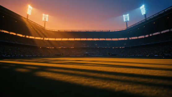 Floodlit football stadium at golden-hour dusk with dramatic shadow patterns, packed stands, and atmospheric kick-off mood.