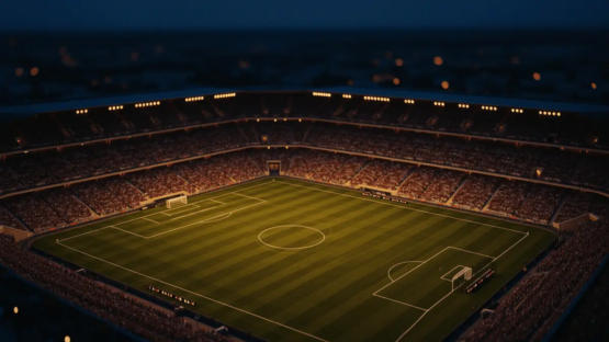 Floodlit stadium pitch at golden hour with packed stands and dramatic shadows, no players visible.