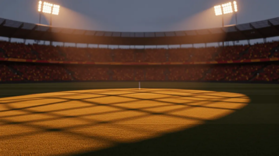 Floodlit stadium at dusk with packed stands in Spanish red and Belgian black-gold colours, empty pitch with dramatic shadows.