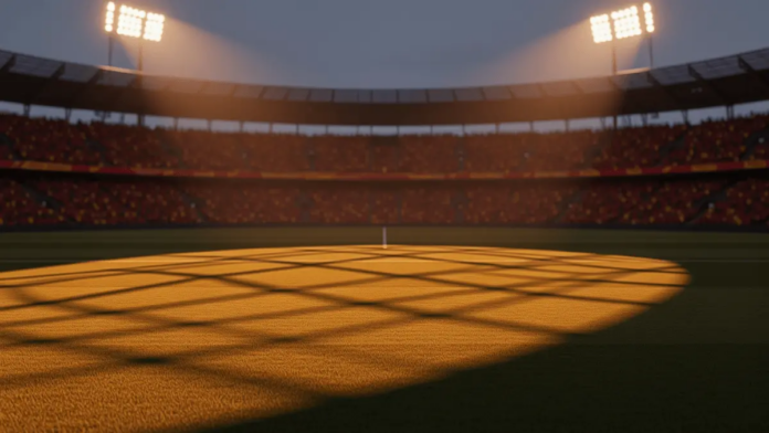Floodlit stadium at dusk with packed stands in Spanish red and Belgian black-gold colours, empty pitch with dramatic shadows.