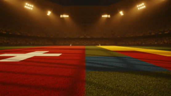 Floodlit stadium pitch at golden hour, divided by Swiss and Colombian colour zones, packed stands in shadow, low-angle wide shot.