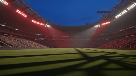 Packed floodlit stadium at dusk with golden-hour lighting and dramatic shadow patterns across empty pitch
