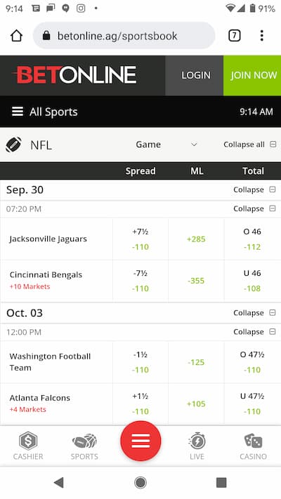 BetOnline Sportsbook Mobile App Lobby