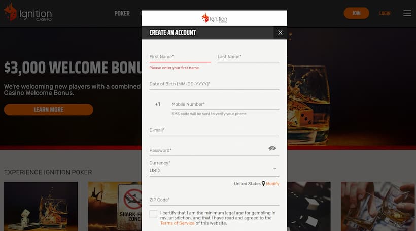 Register for Ignition Casino Account